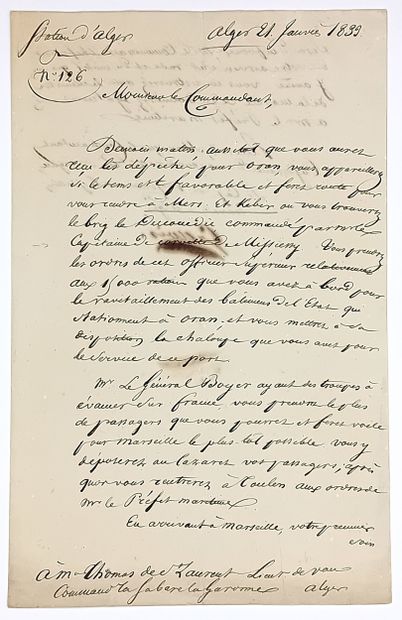 ALGÉRIE. Lettre signée GALLOIS le Capitaine...
