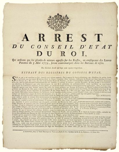 BRETAGNE. 1782. ÉTOFFES. DOUANES. Arrest...