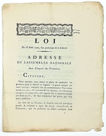 DÉFENSE DES FRONTIÈRES. LOI du 28 Août 1792,...
