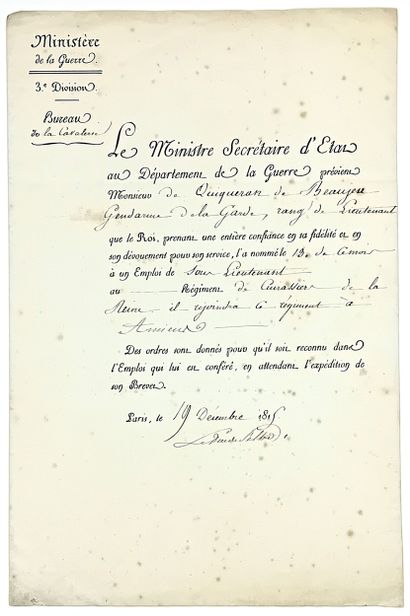 CUIRASSIERS DE LA REINE. Lettre de nomination...