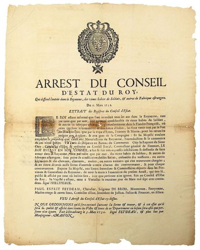 ALSACE. 1732. HABITS DE SOLDATS. “Arrest...