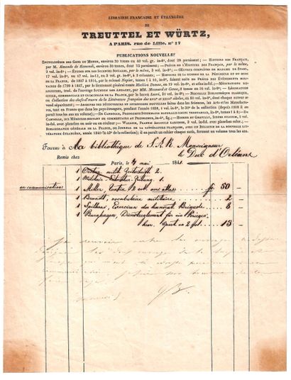 BIBLIOTHÈQUE du Duc d’ORLÉANS. Facture :...