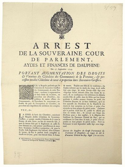 DAUPHINÉ. 1729. “Arrest de la Souveraine...