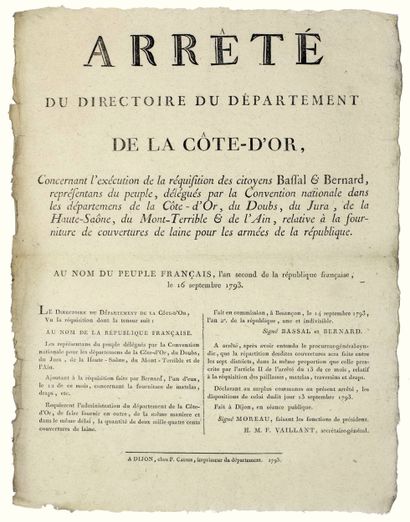 CÔTE D’OR. 1793. DOUBS. « Arrêté du Directoire...
