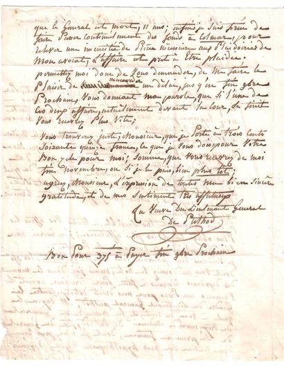 PUTHOD. Lettre A. Signée « La Veuve du Lieutenant...