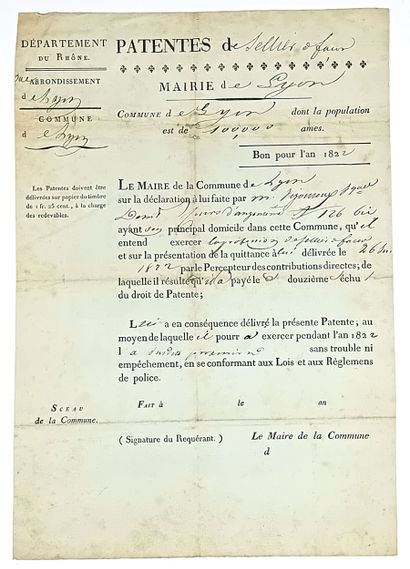 RHÔNE. PATENTE DE SELLIER À FAÇON délivrée...