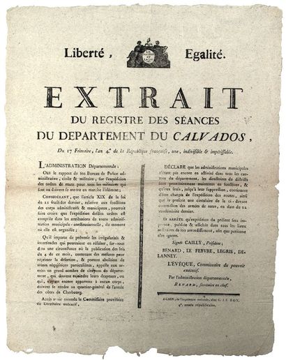 CALVADOS. 1795. “Extrait du Registre des...