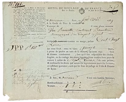 ENFANT TROUVÉ. 1789 – Lettre de Roulage de...