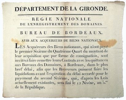 GIRONDE. 1797. “Régie nationale de l’Enregistrement...