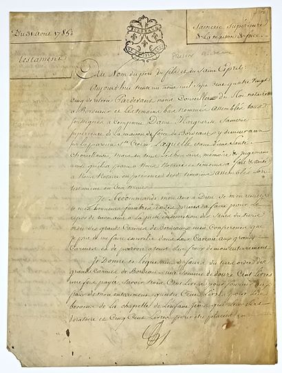BORDEAUX 1790 - TESTAMENT du 31 Août 1785;...