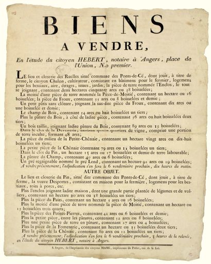 ANGERS, MAINE ET LOIRE, vers 1800. Affiche...