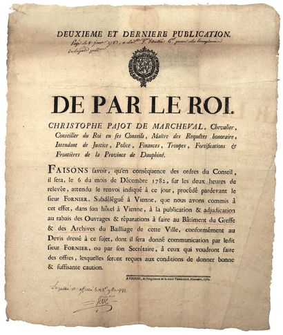 VIENNE (Isère) 1782. 2° et dernière Publication...
