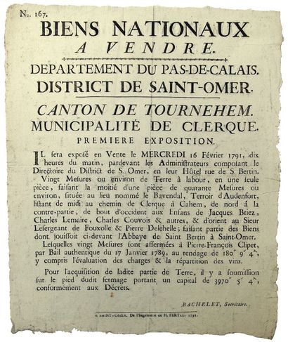 PAS-DE-CALAIS. 1791. BIENS NATIONAUX à vendre....