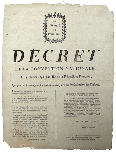 SARTHE. 1793. ÉMIGRATION. Décret de la Convention...