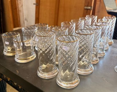 Set of glasses with twisted stems and gold...
