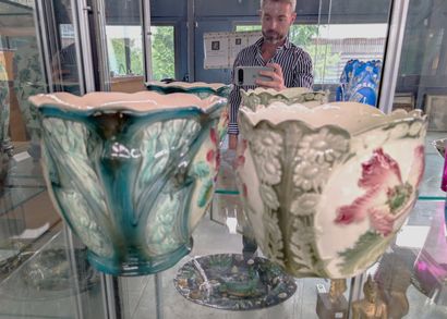 Pair of slipware planters with floral decoration
