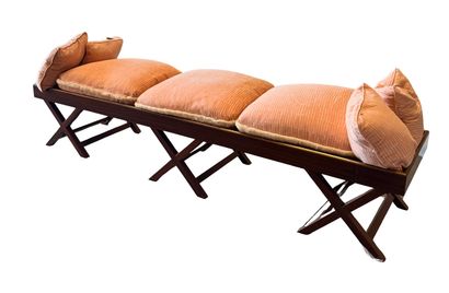 Large mahogany veneer bench with gilded brass...