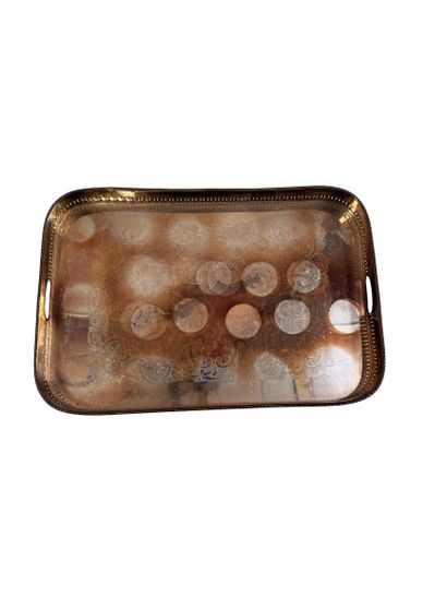 Large silver-plated, engraved metal tray
62...