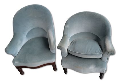 Two crapaud armchairs, upholstered in blue...