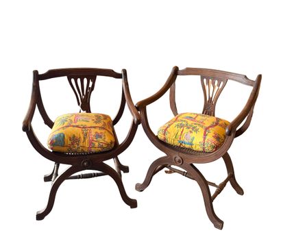 Pair of natural wood armchairs with openwork...