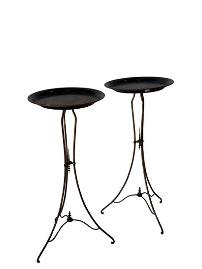 Pair of gilded brass tripod stands with black...