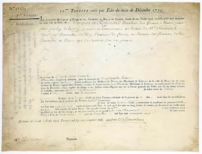 FINANCE. TONTINE. Pièce signée Joseph MICAULT...
