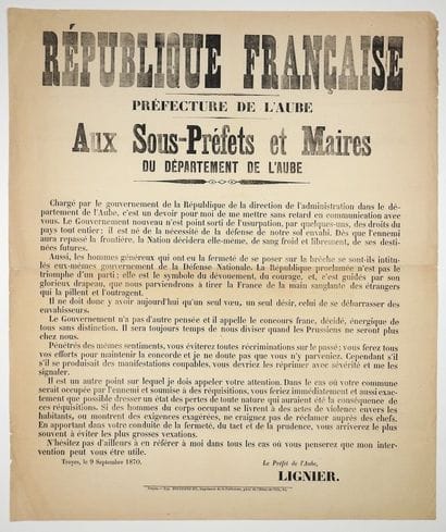TROYES, le 9 Septembre 1870 – « Préfecture...