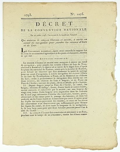 EURE-ET-LOIR. 1793. CANAL. Décret de la Convention...
