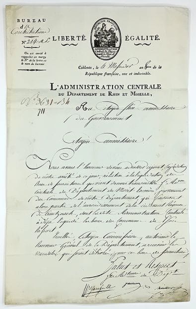 Regency of KREUZNACH. Signed letter from...