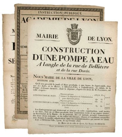 “LYON CITY HALL.” 1823 – 3 POSTERS (53 x...