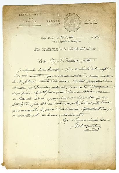 LANDES. Letter signed Alexis de BASQUIAT,...