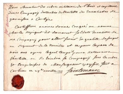 SOMME. 1711. CORBIE. Certificat de services...