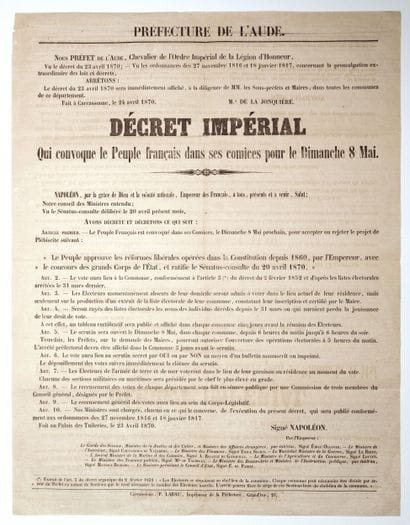 AUDE. Plébiscite de 1870 pour NAPOLÉON III....