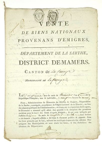 SARTHE. LA FRENAYE. “Sale of NATIONAL PROPERTY...