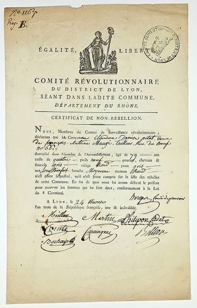 LYON, Rhône. Certificate of NON-RÉBELLION....