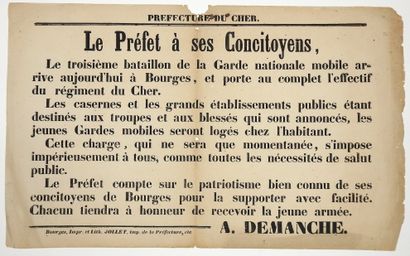 CHER. 1870. 2 Affiches du Préfet A. DEMANCHE,...