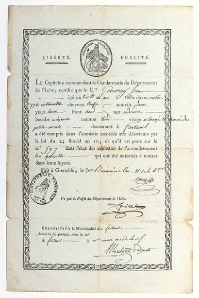 GENDARMERIE. GRENOBLE (38) 30 Brumaire, Year...