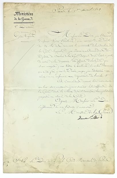 IMPERIAL GUARD CAVALRY. Letter signed “Duke...