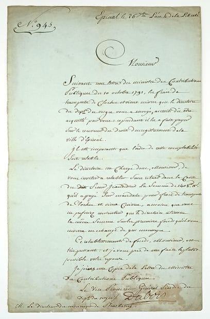 VOSGES. MELTING OF BELLS – Letter signed...