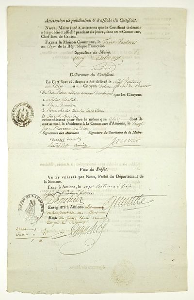 AMIENS (Somme). Certificate of Residence...