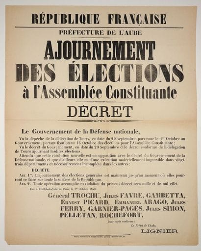 AUBE. 1870. « AJOURNEMENT DES ÉLECTIONS à...