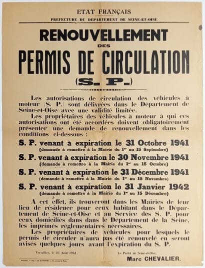 GUERRE 1939/1945. ÉTAT FRANÇAIS. SEINE-ET-OISE...