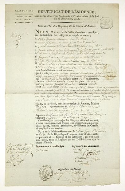 AMIENS (Somme). Certificate of Residence...
