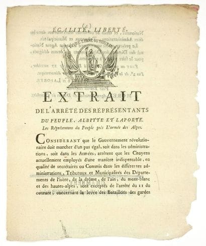 ARMÉE DES ALPES. “Excerpt from the Decree...