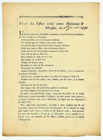 TARN-ET-GARONNE. “List of Stolen Items between...