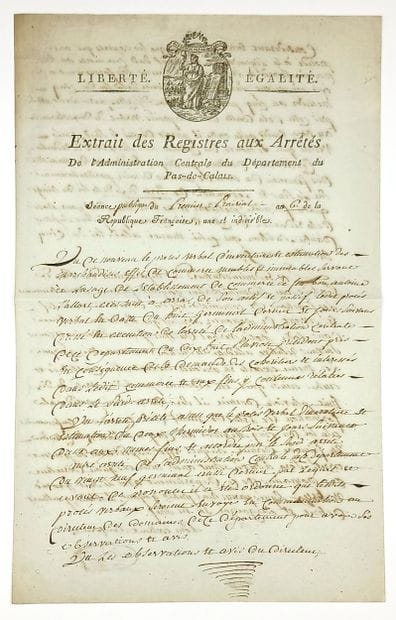 PAS-DE-CALAIS. ARRAS. Excerpt from the Registers...
