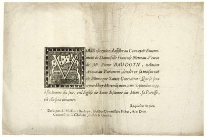 PARIS. 1733. Affiche mortuaire de Damoiselle...