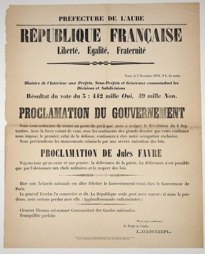 AUBE. 1870. GOUVERNEMENT DE LA DÉFENSE NATIONALE....
