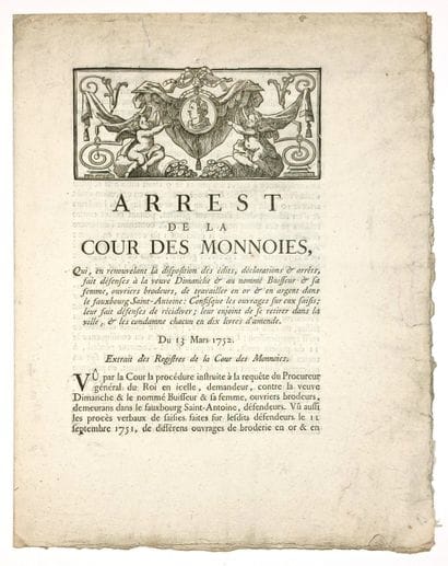 BRODERIE D’OR. « Arrêt de la Cour des Monnaies,...