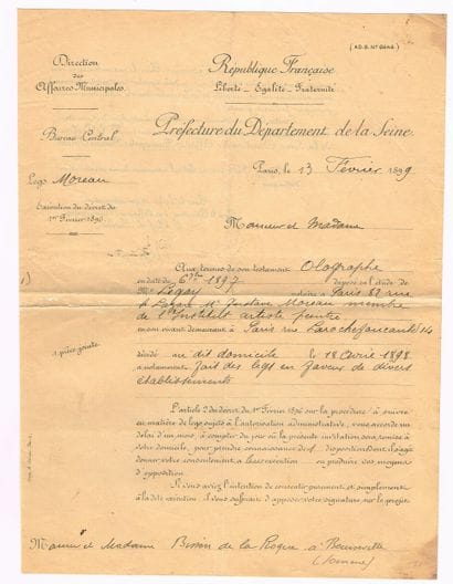 [Gustave MOREAU] / Partially printed letter...